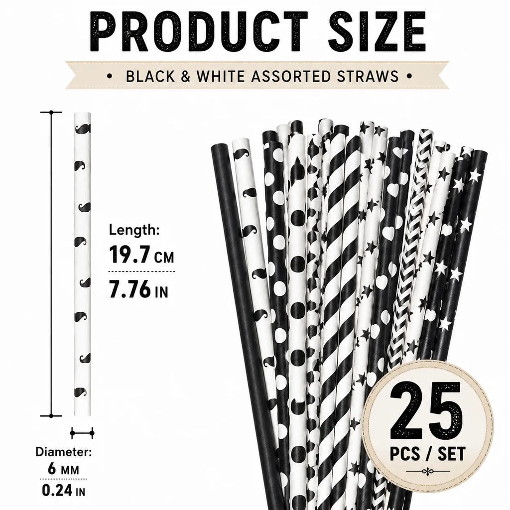 25pcs Black & White Paper Straws – Biodegradable Party Straws Paper Drinking Straws Richie's