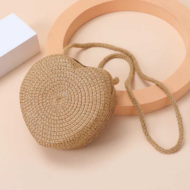 Woven Straw Crossbody Bag & Heart Coin Purse – Kids Beach Bag Woven Crossbody Bag Richie's brown 11x11x6cm