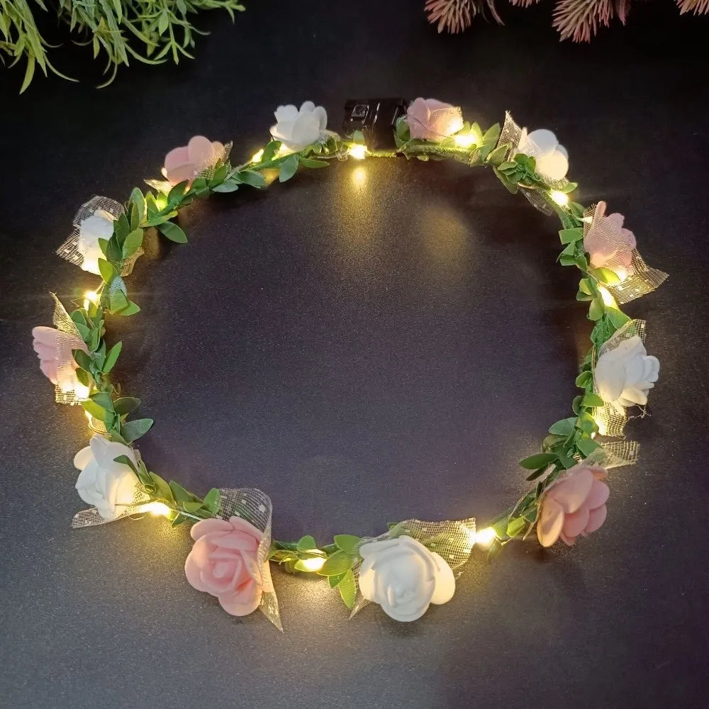 LED Rose Flower Wreath Headband – Light-Up Floral Garland Crown LED Floral Headband Richie's F