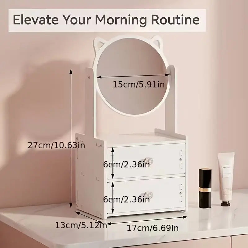 Cat Ear Makeup Organizer with Mirror & 2 Drawers Makeup Organizer Richie's
