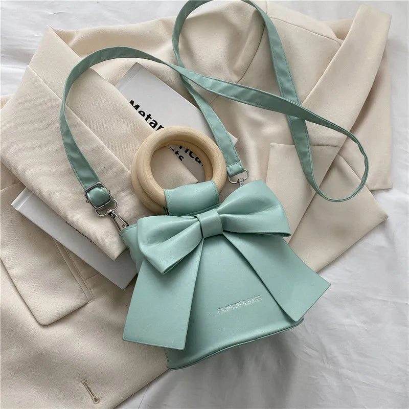 Bow Tie Mini PU Leather Crossbody Bag – Wooden Handle Tote Crossbody Shoulder Bag Richie's Lake Blue