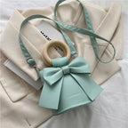 Bow Tie Mini PU Leather Crossbody Bag – Wooden Handle Tote Crossbody Shoulder Bag Richie's Lake Blue