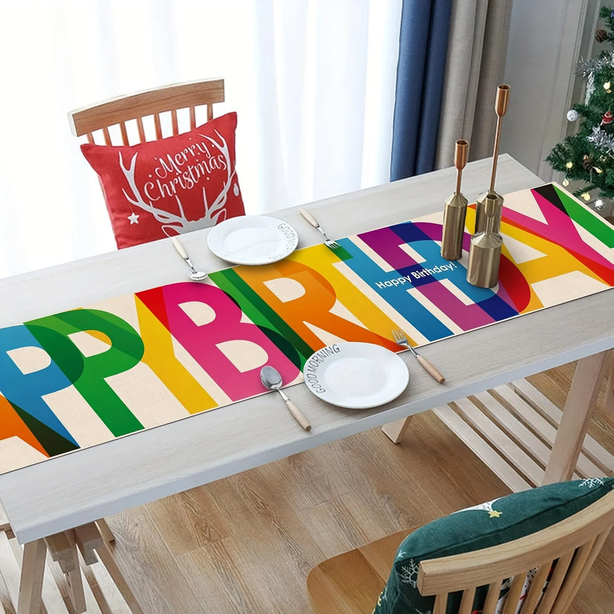 Happy Birthday Linen Table Runner – Colorful Party Decoration Table Runner Richie's