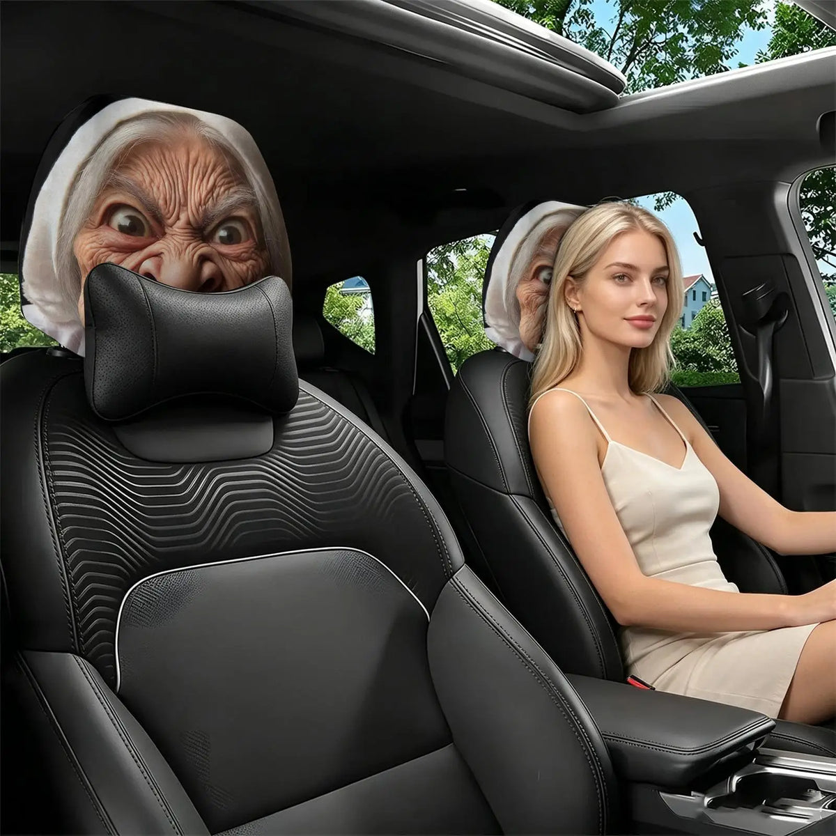 Funny Granny Face Car Headrest Covers – 2Pcs Elastic Washable Car Headrest Cover Richie's