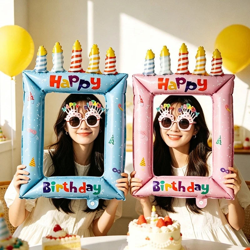 2pcs Birthday Photo Frame Balloons – Selfie Booth Party Props Party Balloon Props Richie's Blue-Pink 2pcs One size fits all