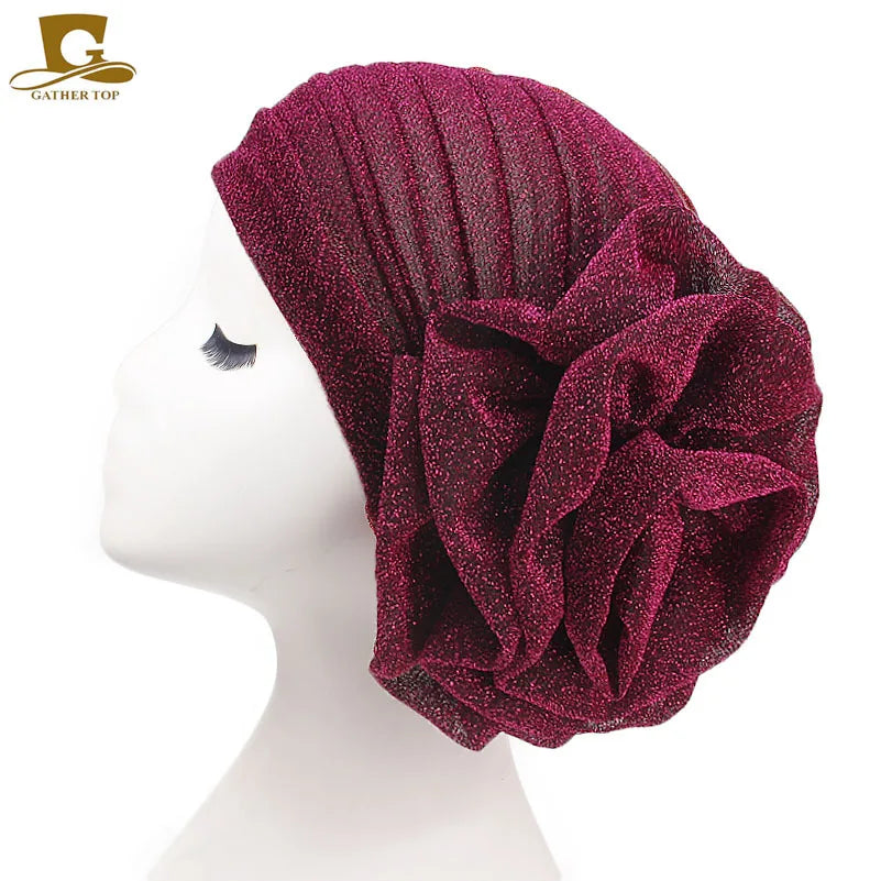 Women Pleated Flower Turban Hat Stretch Hijab Cap Head Wrap Turban Hijab Cap Richie's rose red