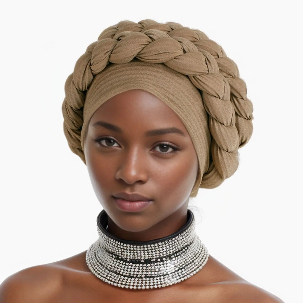 Double Braid Halo Turban Cap – African Headwrap for Women Turban Headwrap Richie's khaki