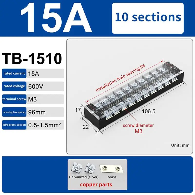 Dual Row Barrier Screw Terminal Block 15A 600V TB Series Screw Terminal Block Richie's TB1510