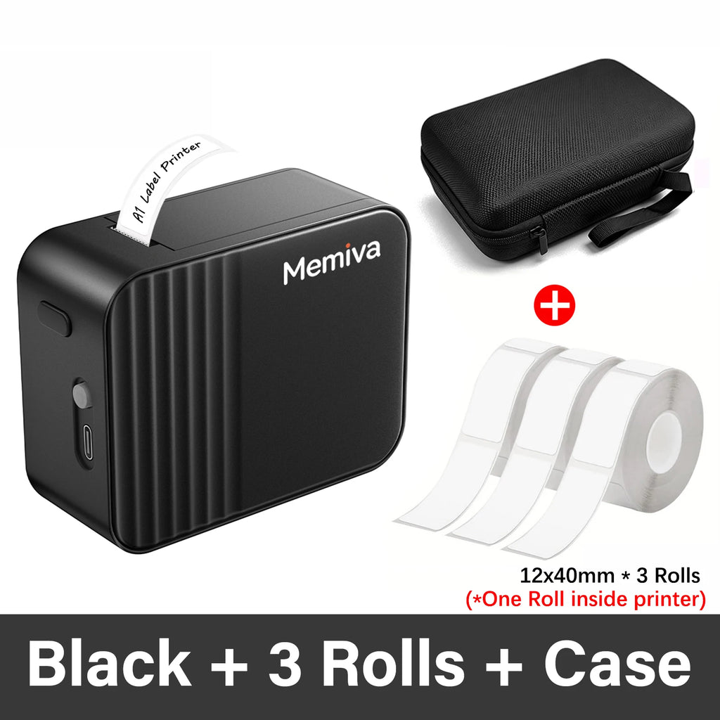 Memiva A1 Mini Bluetooth Thermal Label Printer – Inkless Thermal Label Printer Richie's Black 3 Rolls Case