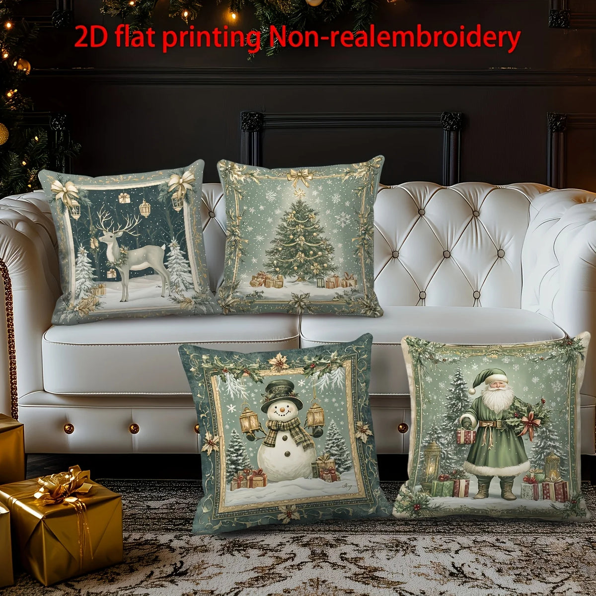 Set of 4 Christmas Cushion Covers – Santa Snowman Elk Print Christmas Cushion Covers Richie's
