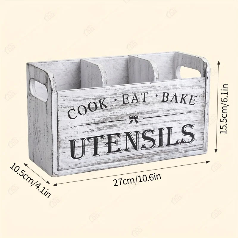 Rustic Wooden Kitchen Utensil Holder – 3-Compartment Organizer Utensil Holder Richie's