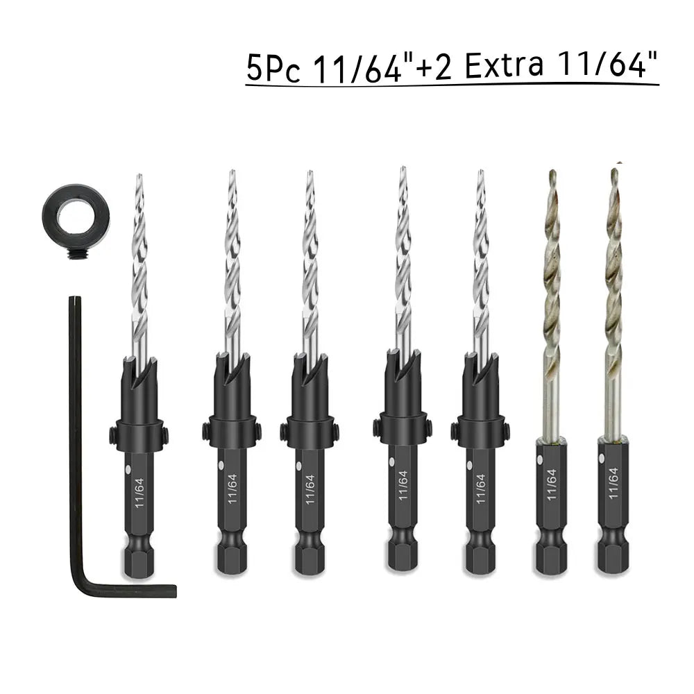 Wood Countersink Drill Bit Set 5/7Pc SAE Tapered 1/4" Hex Shank Countersink Drill Bits Richie's 7Pcs