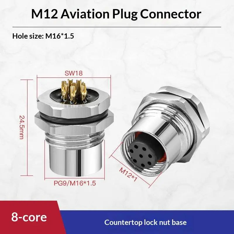 M12 IP67 Waterproof Connector 4/5/8 Pin Panel Socket 22AWG Wire Industrial Connector Richie's Front 8P F