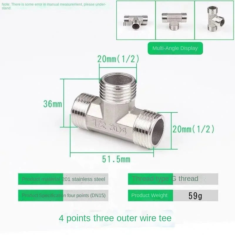 Stainless Steel Pipe Fittings Tee Elbow Reducer DN20 DN15 Pipe Fittings Richie's Outer teeth Tee 59g 1/2"