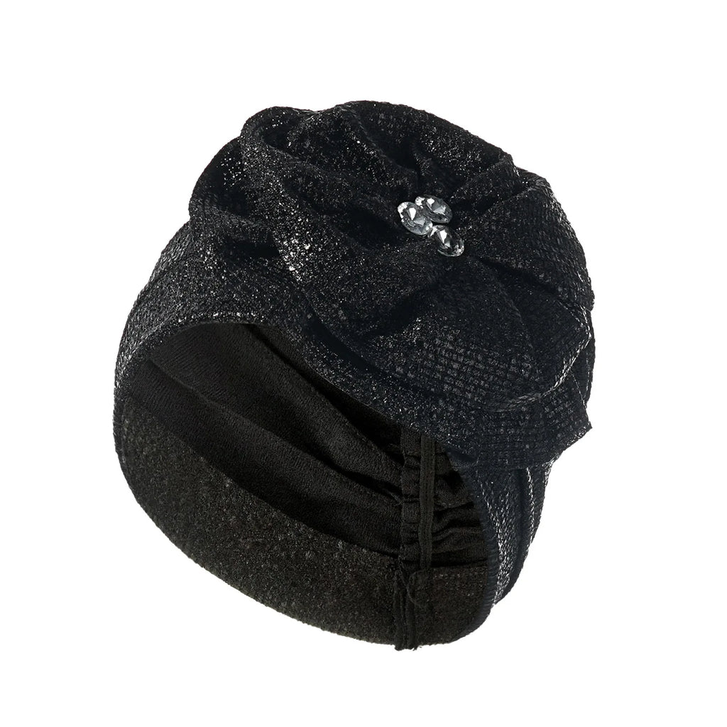 Women Glitter Turban Hat Rhinestone Flower Hijab Bonnet Cap Turban Hat Richie's 12691-black