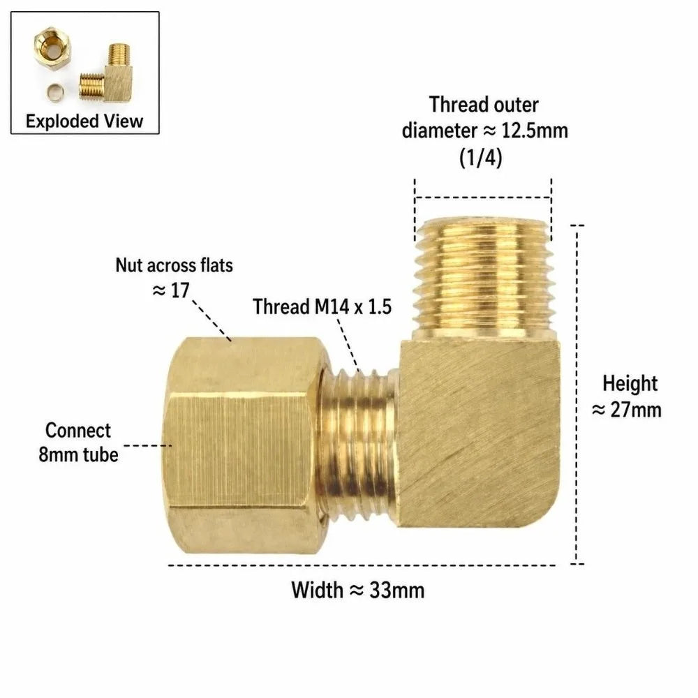 Brass 90° Compression Elbow Fitting Male Thread Tube Connector Compression Pipe Fitting Richie's 1-4- x 8mm