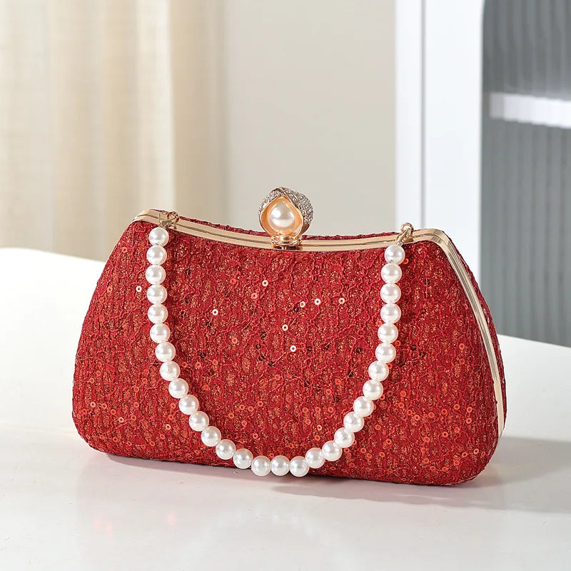 Luxury Beaded Pearl Clutch Bag – Wedding Evening Shoulder Bag Beaded Evening Clutch Richie's red