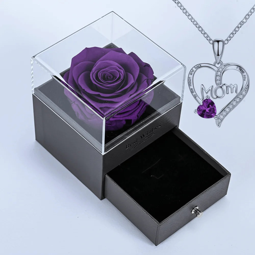 "MOM I Love You" Heart Pendant Necklace with Rose Gift Box Pendant Necklace Gift Set Richie's Purple 12x12x11cm