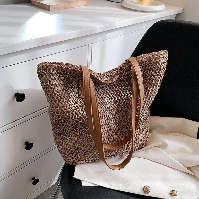 Women's Bohemian Straw Tote Bag – Hand-Woven Beach Shoulder Bag Straw Tote Bag Richie's Khaki 41cmx34cmx14cm