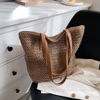 Women's Bohemian Straw Tote Bag – Hand-Woven Beach Shoulder Bag Straw Tote Bag Richie's Khaki 41cmx34cmx14cm