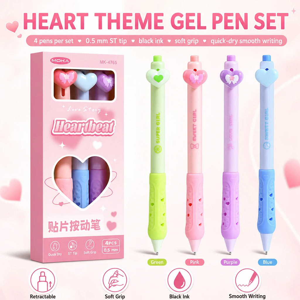Kawaii Heart Gel Pens 4 Pack – Pastel Black Ink, Retractable Gel Pen Set Richie's