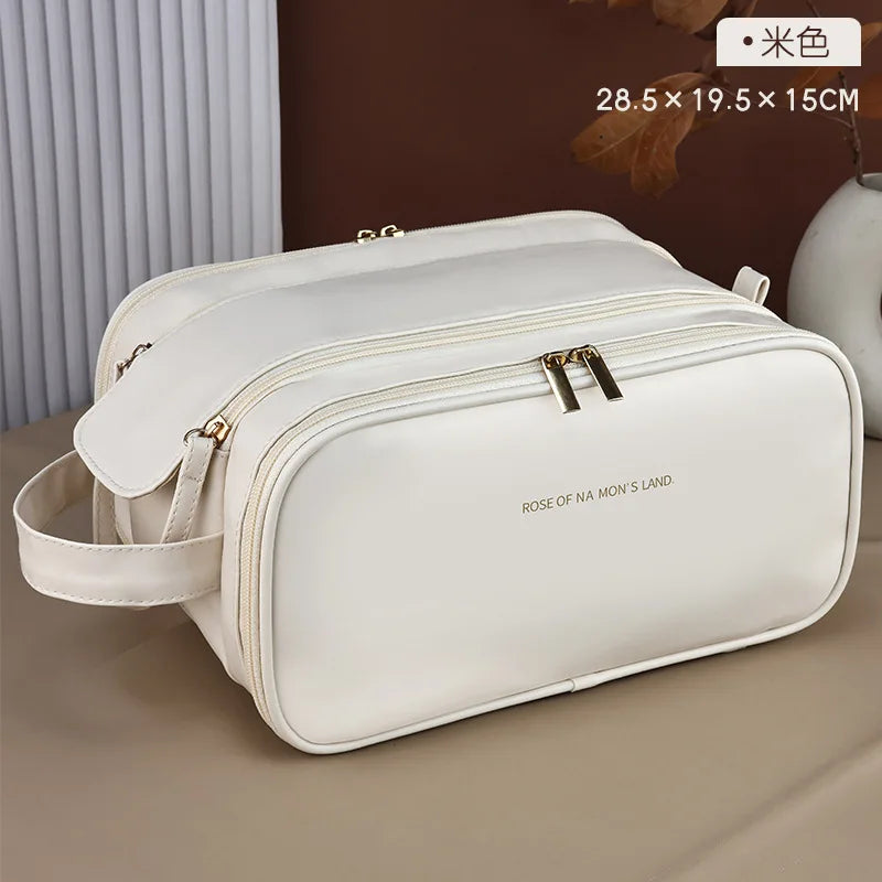 PU Leather Makeup Bag Large Capacity Double Zipper Travel Organizer Makeup Travel Bag Richie's glossy-white