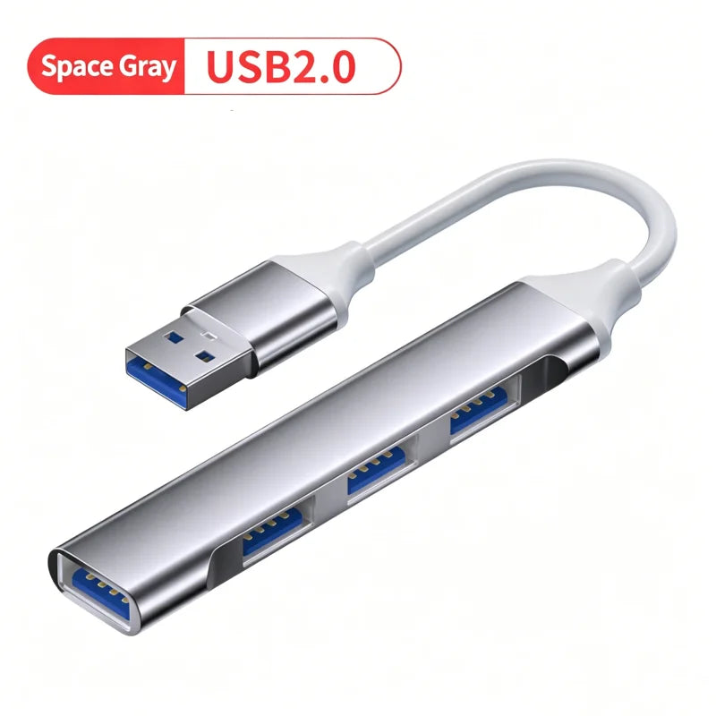 FUCHU 4-in-1 USB 2.0 Hub – USB-C & USB-A, 4 Ports USB Hub Richie's Grey USB A