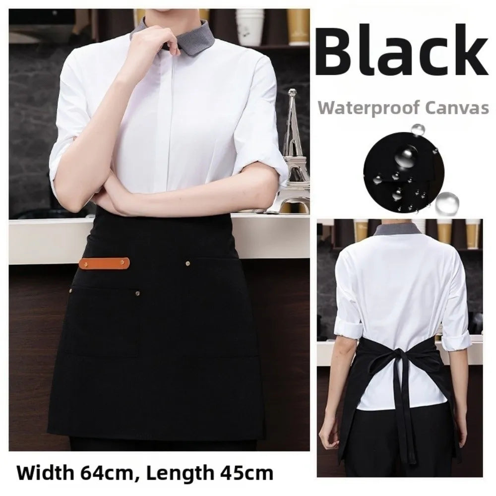 Canvas Half Apron Multi-Pocket Waterproof Kitchen Restaurant Kitchen Apron Richie's Black-Short