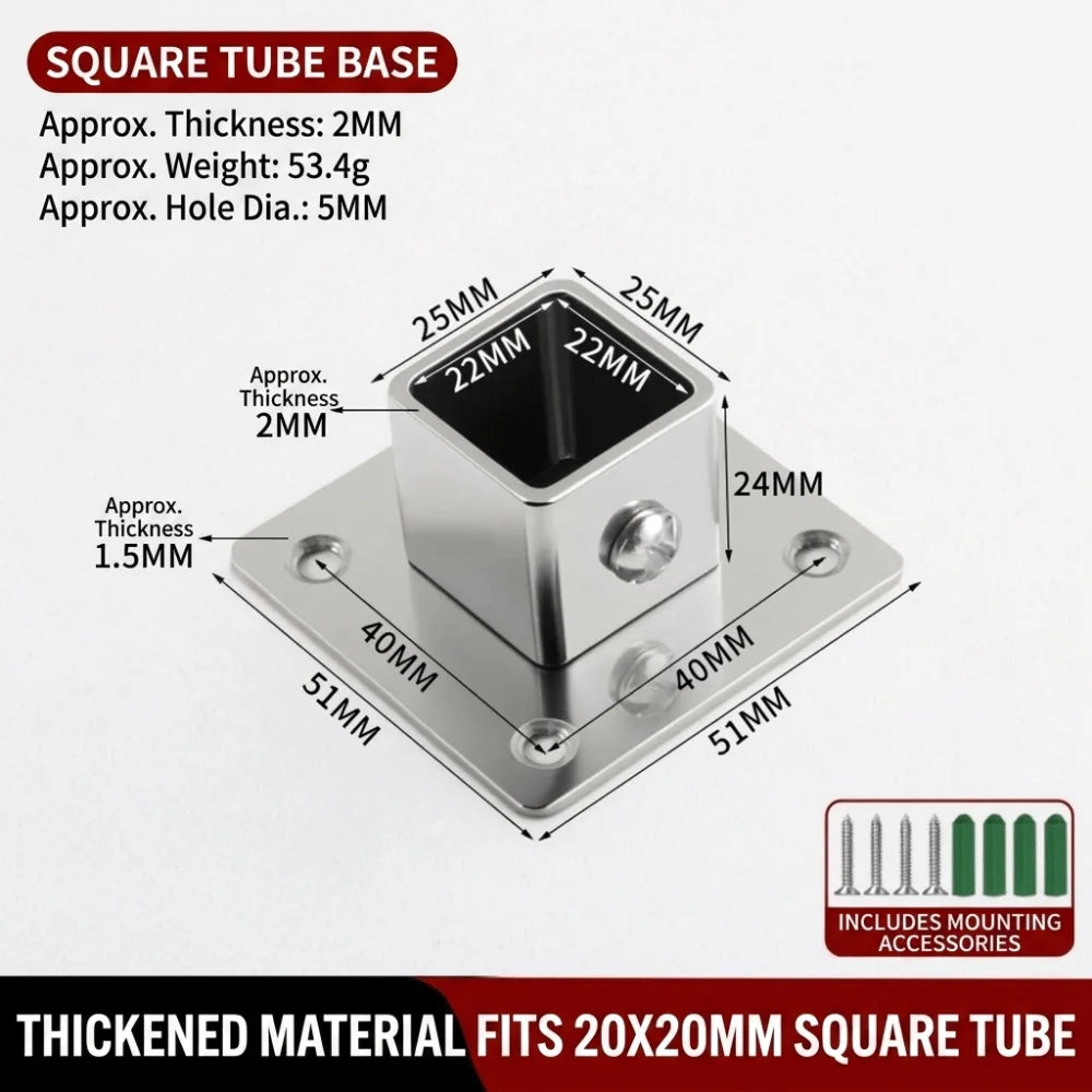 Stainless Steel Square Tube Connector Flange Base 20–40mm Tube Connector Fitting Richie's 1 20mm
