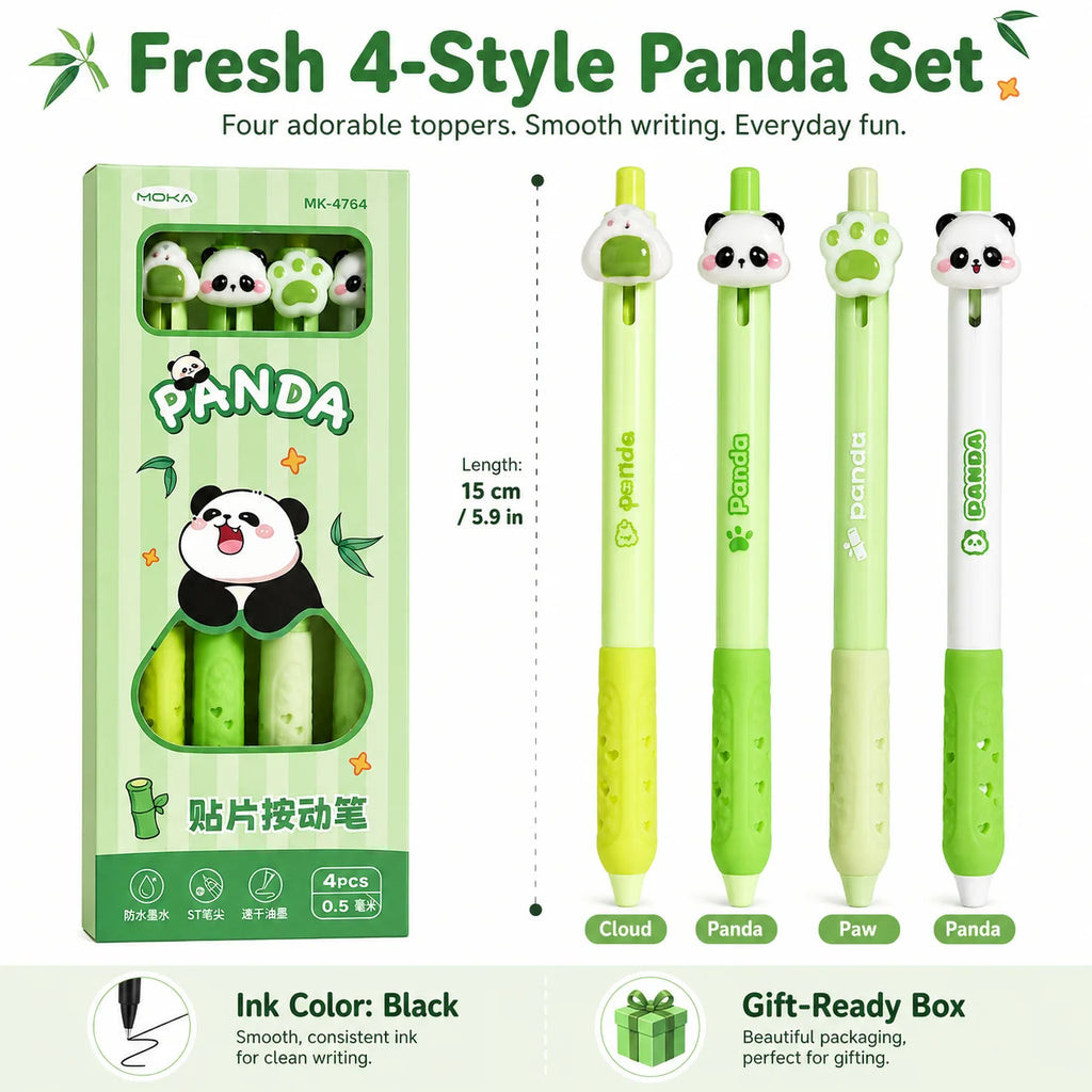 Kawaii Panda Retractable Gel Pen Set 4Pcs – 0.5mm Black Ink Gel Pen Set Richie's