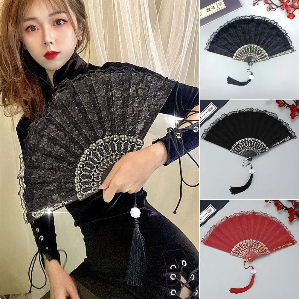 Lace Folding Hand Fan Tassel Floral Pattern – Gift & Photo Prop Decorative Folding Fan Richie's