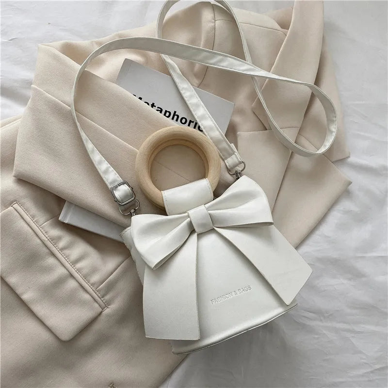 Bow Tie Mini PU Leather Crossbody Bag – Wooden Handle Tote Crossbody Shoulder Bag Richie's WHITE