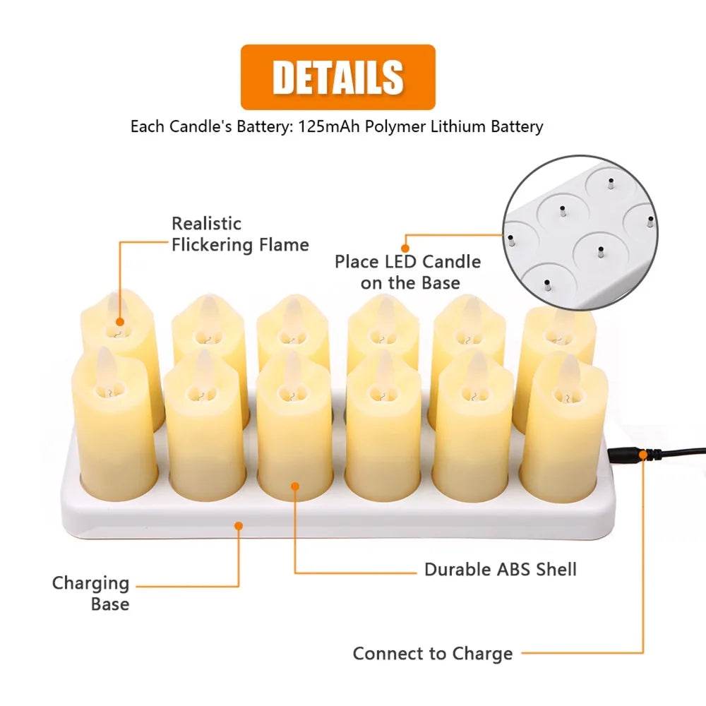 LED Flameless Candles Set 12pc Warm Yellow Rechargeable Base LED Flameless Candles Richie's