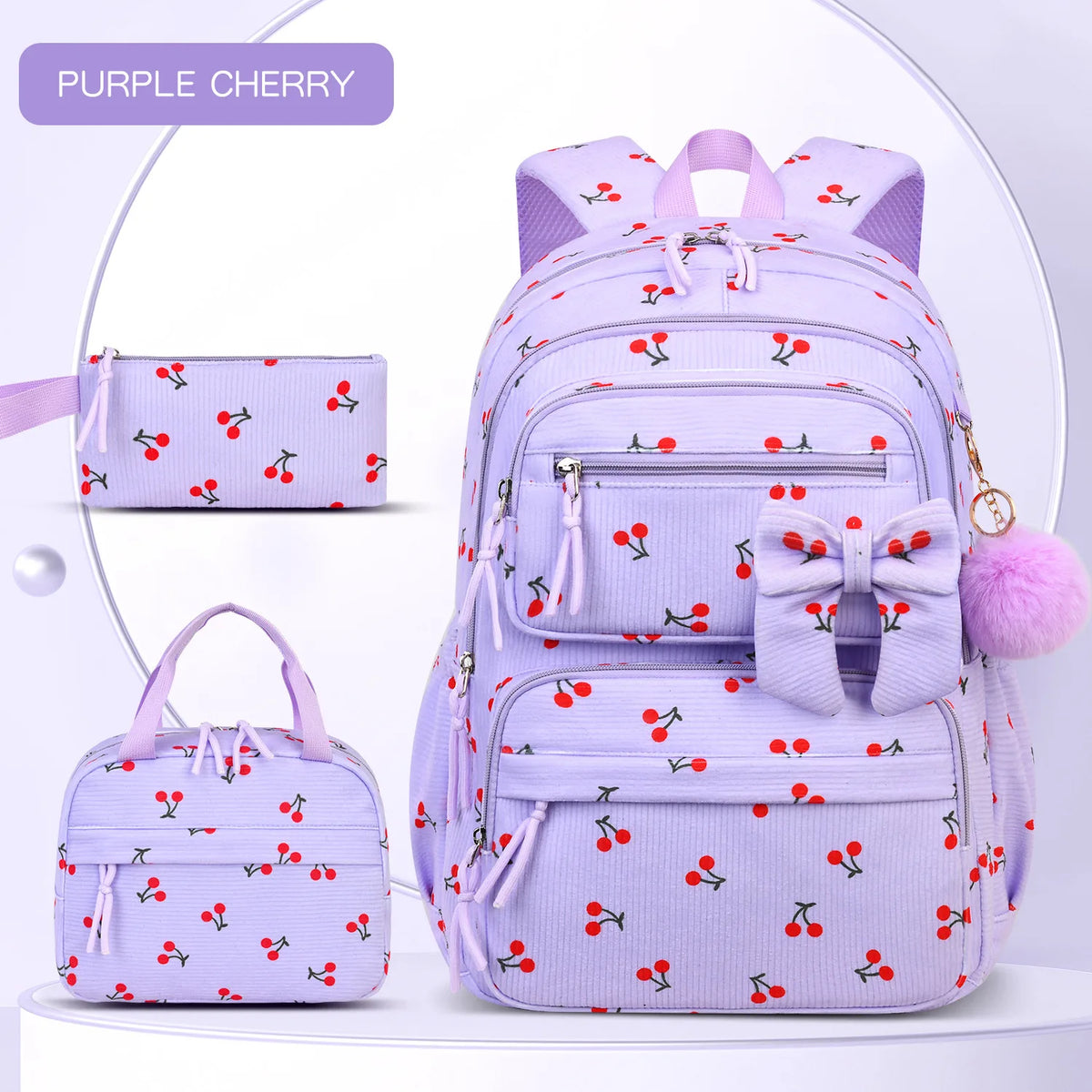 Girls Cherry Corduroy School Backpack Set – 3 Pcs Bookbag Kids Backpack Set Richie's Cherry