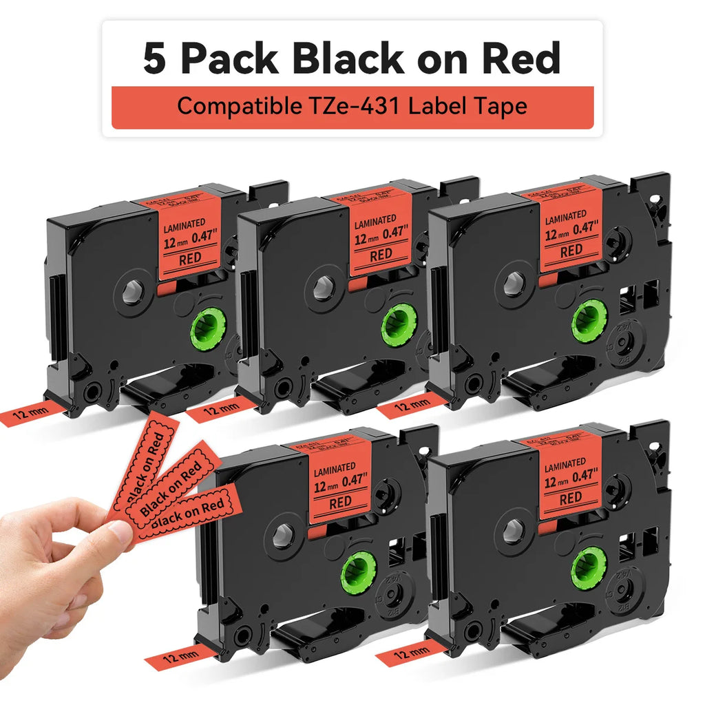 5-Pack TZe-231 Laminated Label Tape – Brother P-Touch Compatible Label Printer Tape Richie's 5PK Black on Red 12mm