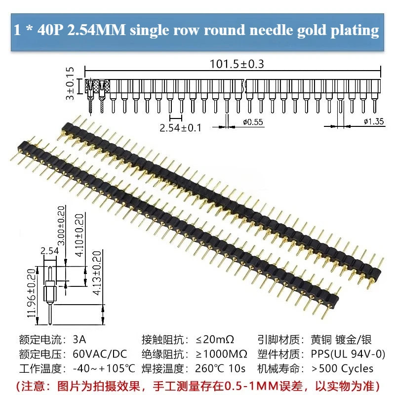 5 Pcs Gold Plated Pin Header 2.54mm Pitch Single/Double Row PCB Pin Header Richie's 1x40P gold-plating 1