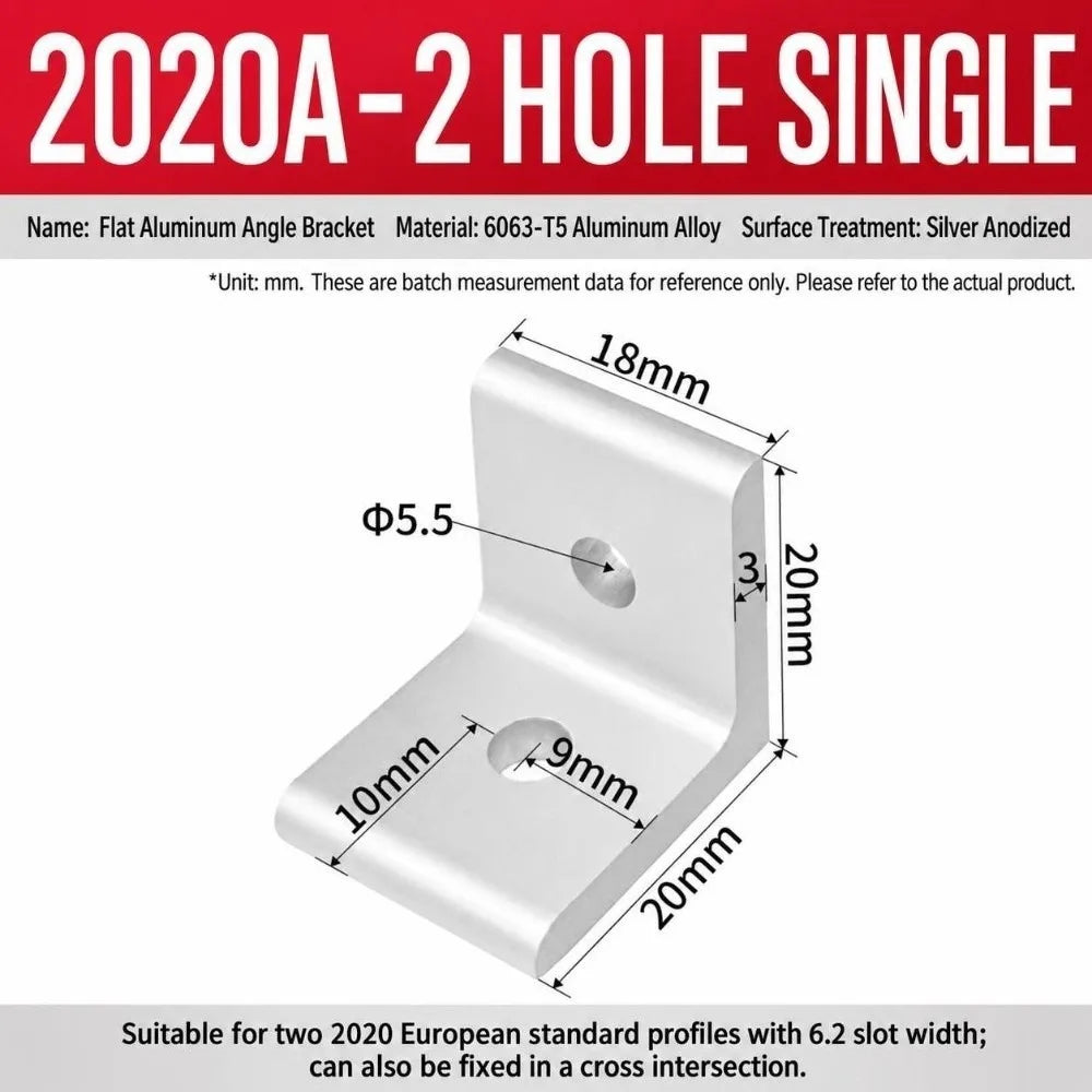 90° Aluminum Angle Bracket Flat Right Angle Frame Joint Connector Aluminum Angle Bracket Richie's 2020A-2Hole Silver