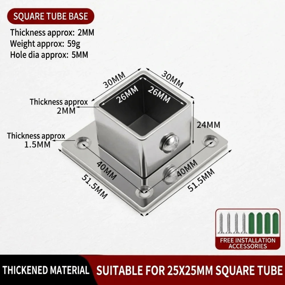 Stainless Steel Square Tube Connector Flange Base 20–40mm Tube Connector Fitting Richie's 2 20mm