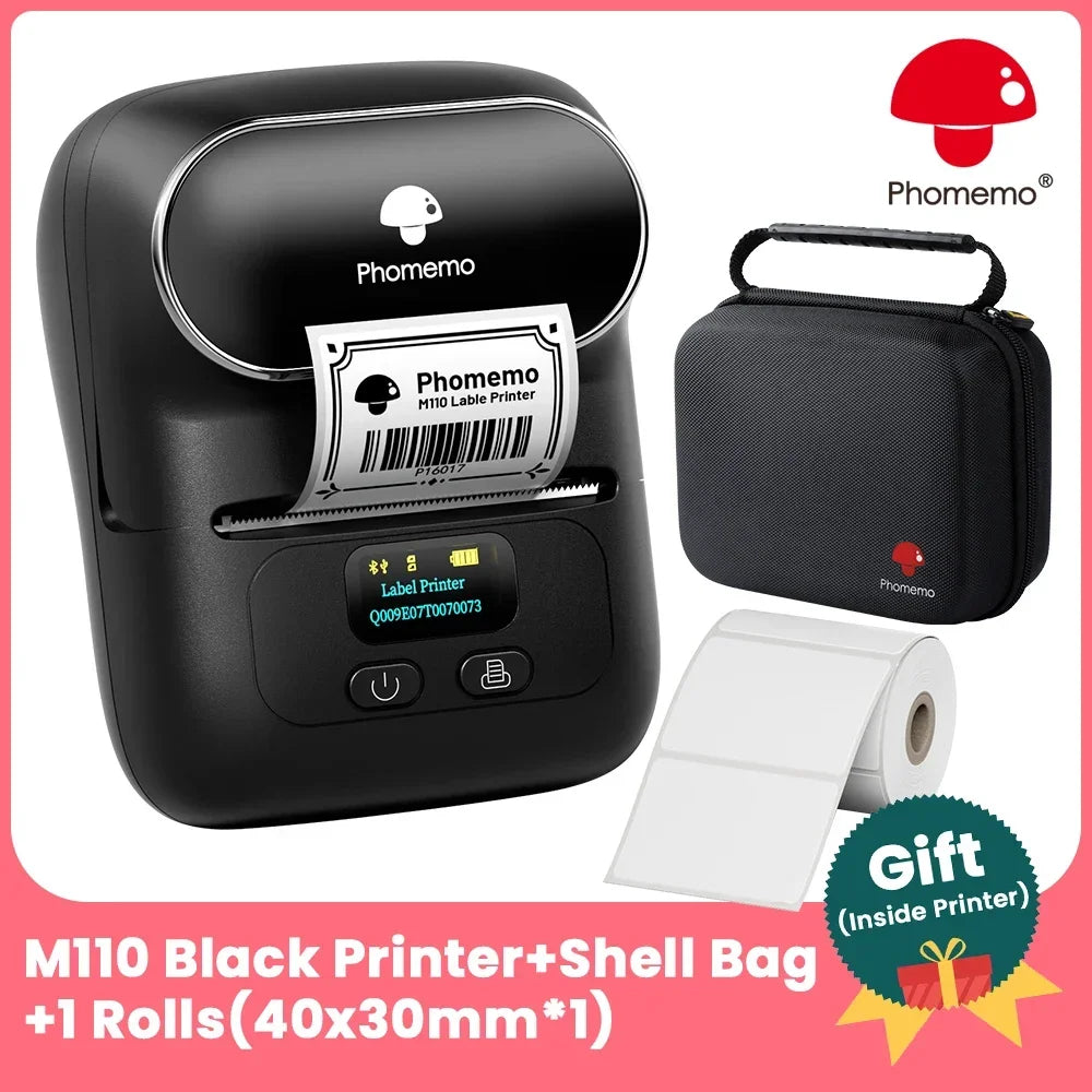 Phomemo M110 Bluetooth Thermal Label Maker | Portable Mini Printer Thermal Label Printer Richie's BK-case-1 rolls