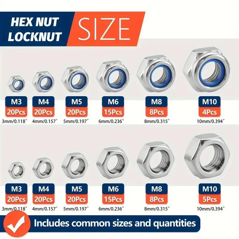 175Pcs Stainless Steel Lock & Hex Nut Kit M3 M4 M5 M6 M8 M10 Nut Fastener Kit Richie's