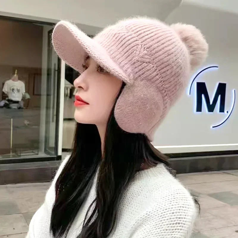 Women's Knitted Earflap Hat with Pompom – Winter Earmuff Cap Winter Knit Hat Richie's 06