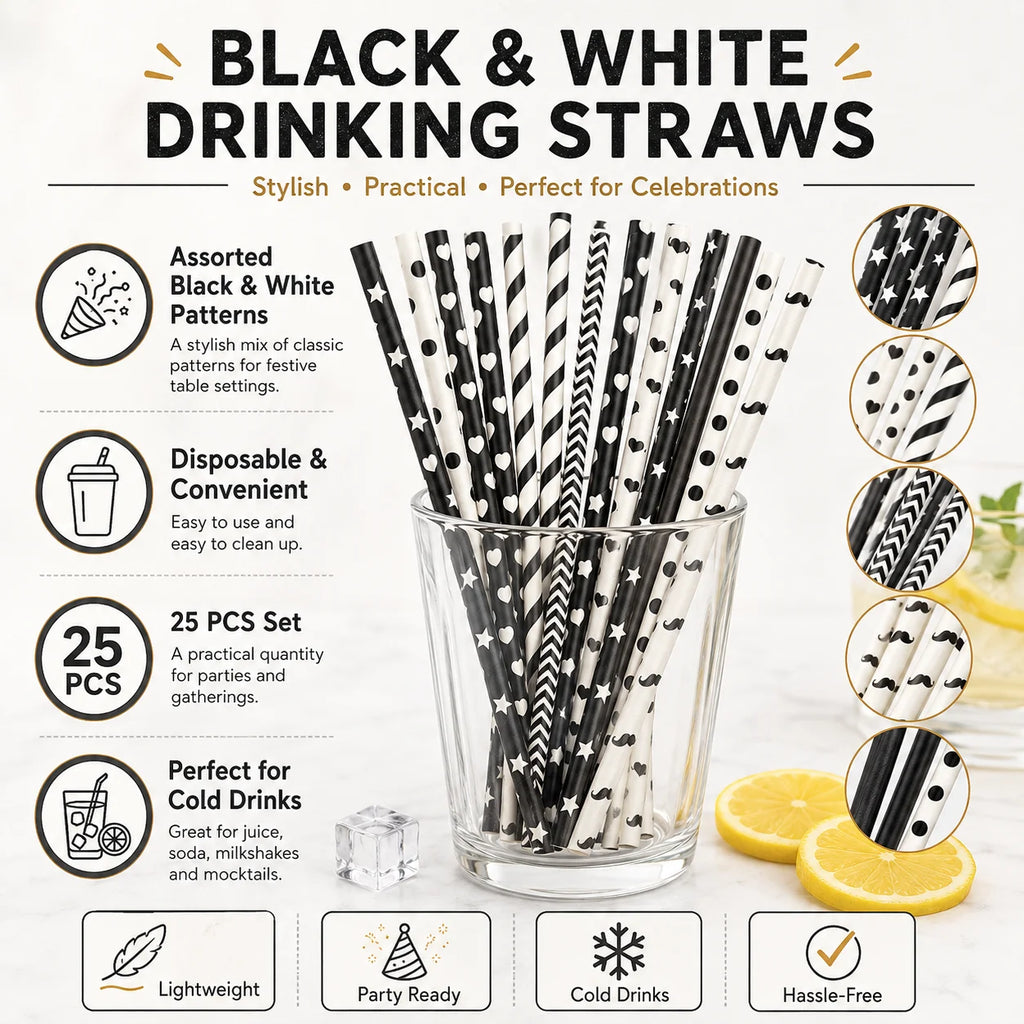 25pcs Black & White Paper Straws – Biodegradable Party Straws Paper Drinking Straws Richie's