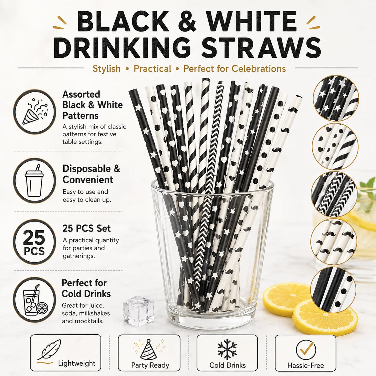 25pcs Black & White Paper Straws – Biodegradable Party Straws Paper Drinking Straws Richie's