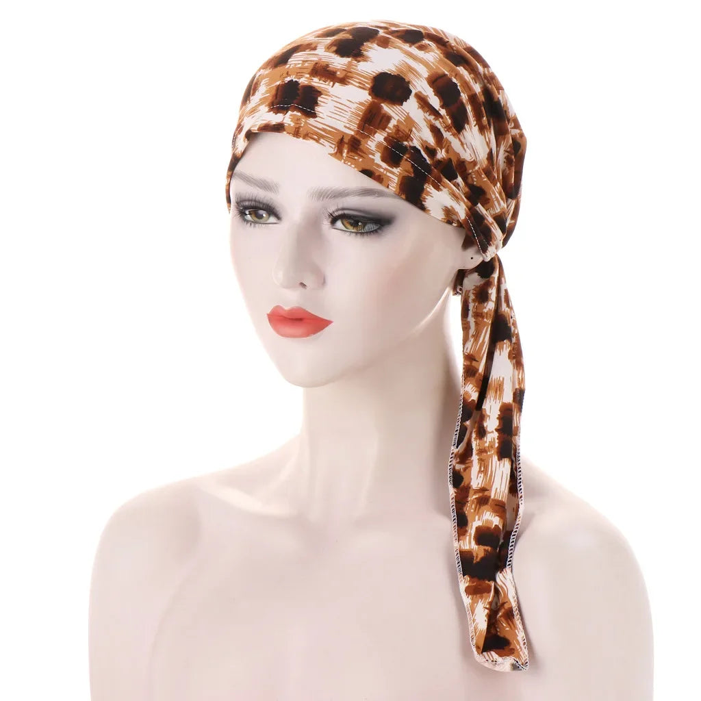 Women's Printed Pre-Tied Turban Cap Hijab Headscarf Bandana Turban Headscarf Cap Richie's Light brown leopard