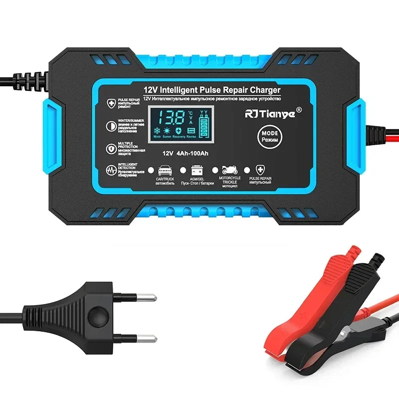 12V 6A Intelligent Car Battery Charger LCD Pulse Repair Lead Acid Car Battery Charger Richie's Blue EU plug