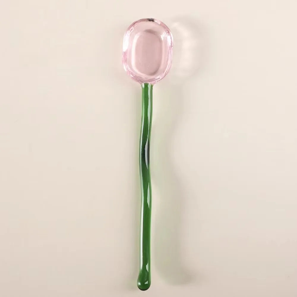 Glass Dessert Spoon – Heat-Resistant Long Handle Tea & Milk Spoon Glass Dessert Spoon Richie's Green pink