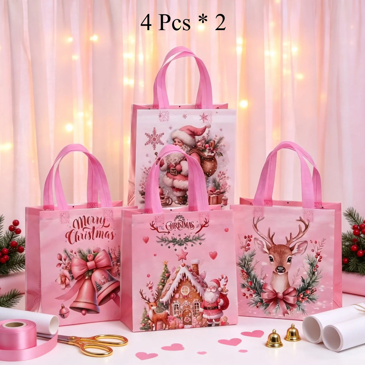 8 Christmas Gift Bags – Santa & Reindeer Non-Woven Totes Christmas Gift Bags Richie's Pink 8 Pcs