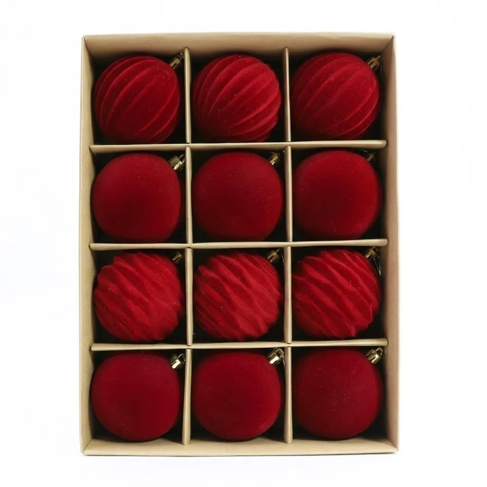 12Pcs Velvet Flocked Christmas Balls 6CM Tree Ornaments Christmas Tree Ornaments Richie's Red 1.5cm