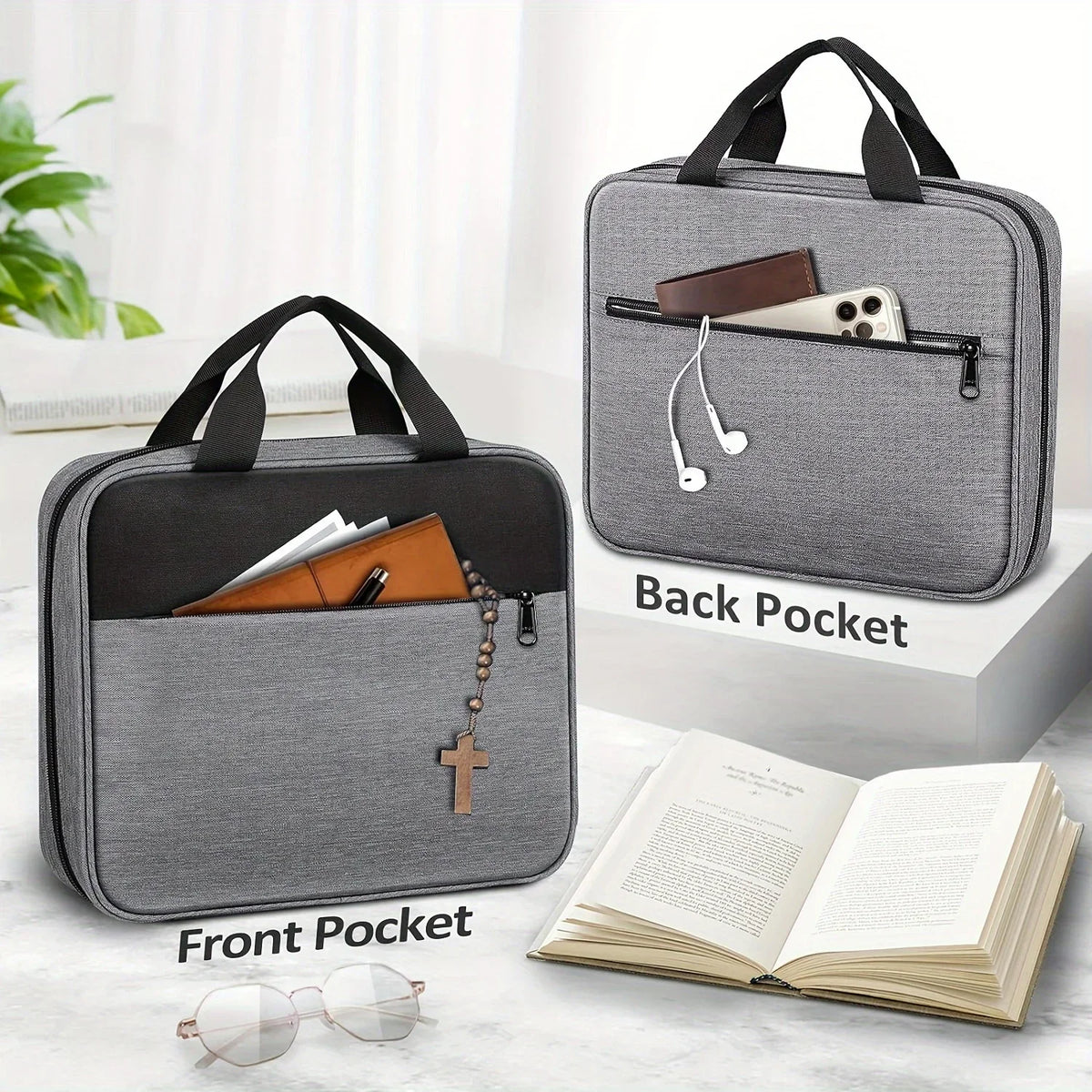 Bible Cover Bag with Zippered Pockets & Handle – Unisex Bible Carry Bag Richie's GRAY