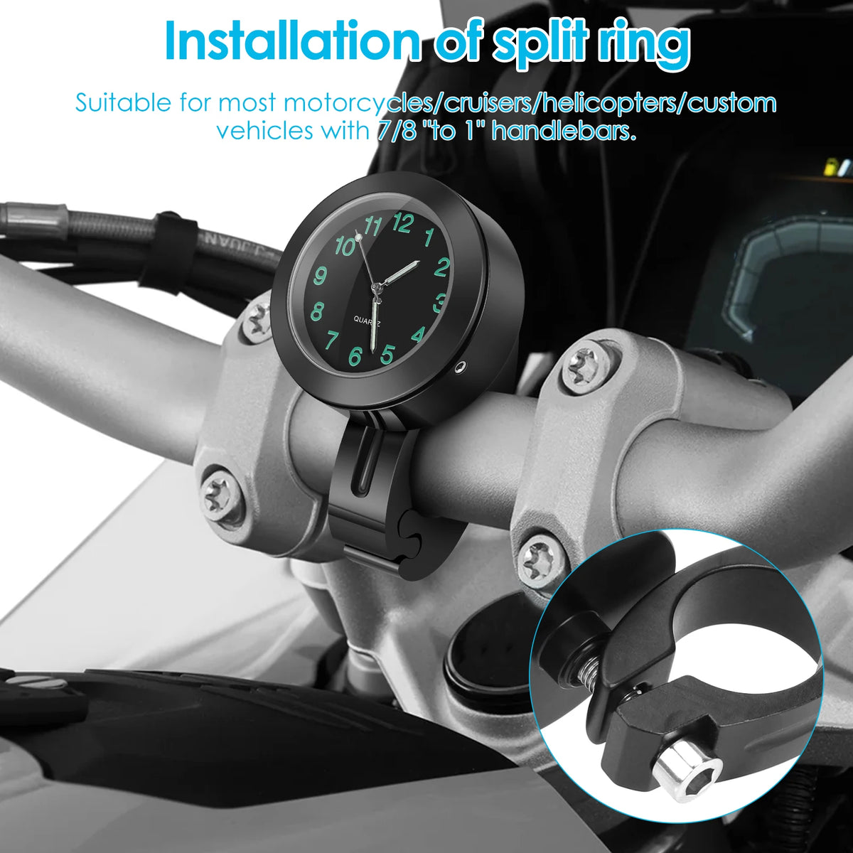 Motorcycle Handlebar Clock Waterproof Aluminum Luminous Dial Motorcycle Handlebar Clock Richie's